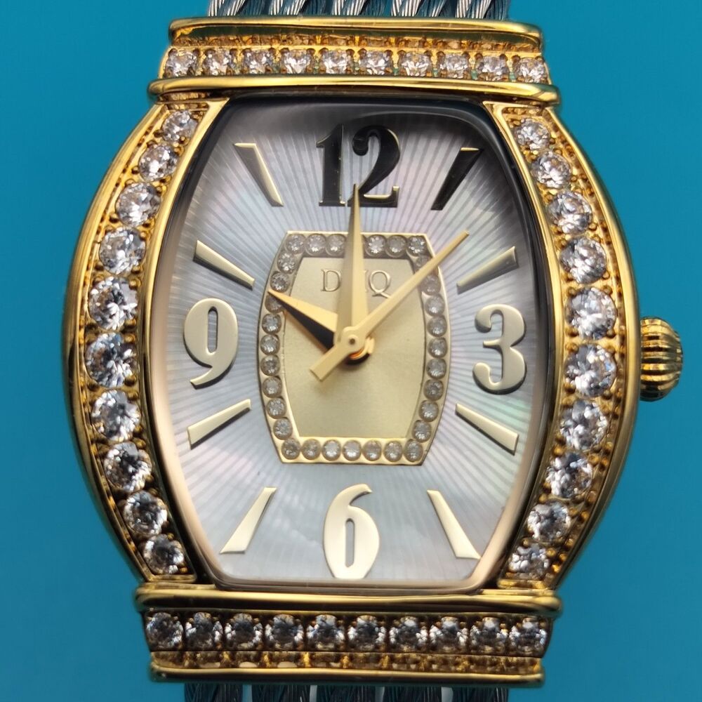 DMQ Women's Gold Tone Cubic Zirconia Mother of Pearl Dial Cable Bangle Watch